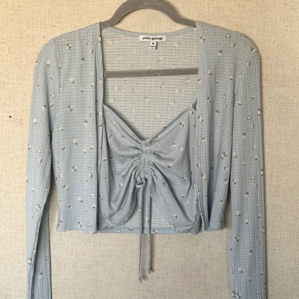 Pretty Garbage Blue Floral 2-Piece Set | Ruched Crop Top + Cardigan | Size M